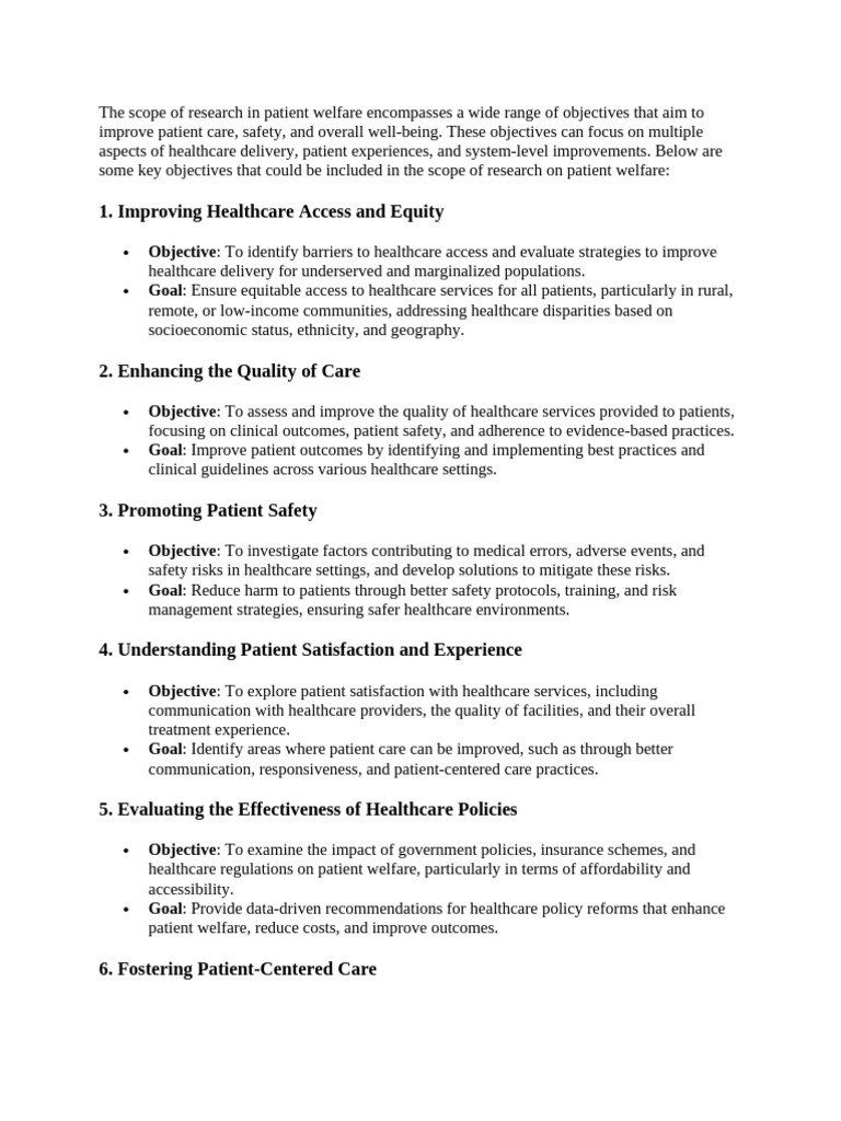 Research Objectives for Patient Welfare | PDF | Health Care | Health Equity
