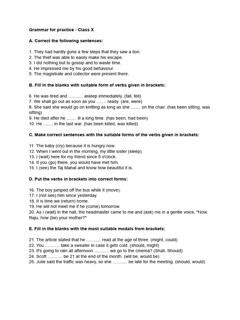 Class X Grammar Practice Exercises | PDF