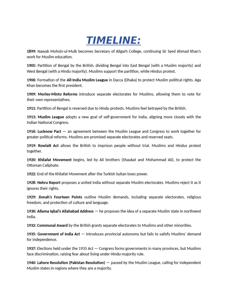 TIMELINE of Pakistan's Early History | PDF