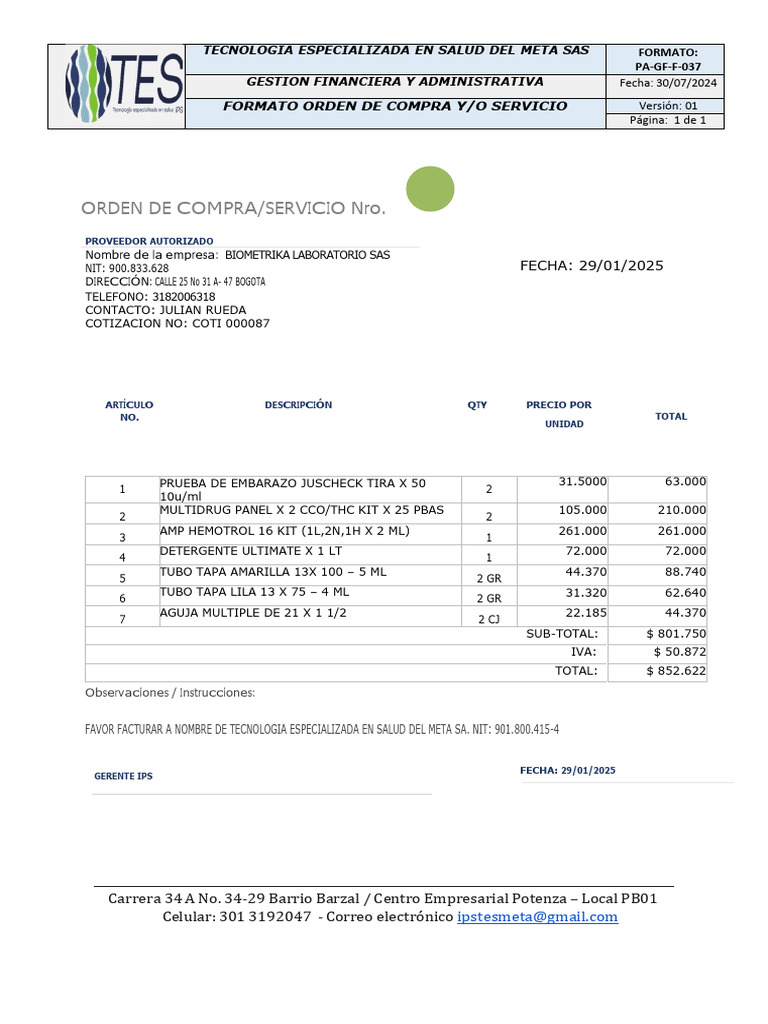 Orden de Compra Biometrika SAS | PDF