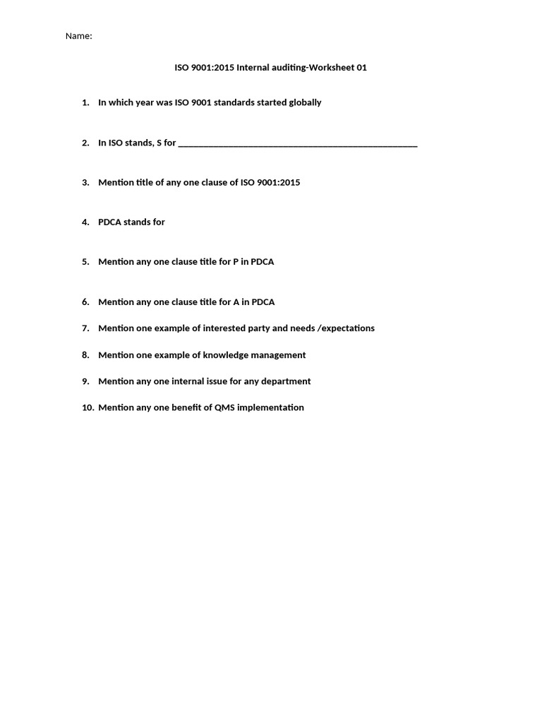 ISO 9001:2015 Internal Audit Worksheets | PDF