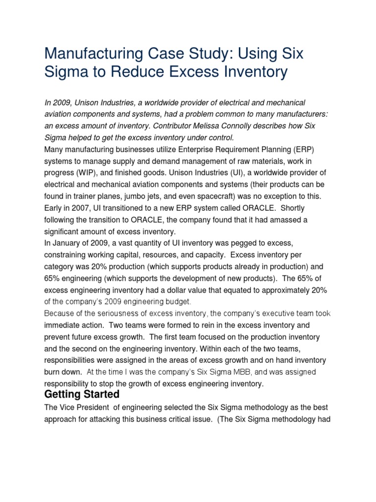 Manufacturing Case Study Six Sigma Inventory