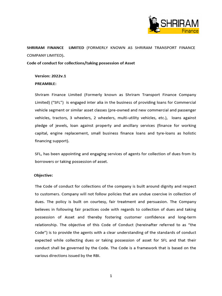 Shriram Finance Collection Code of Conduct | PDF | Loans | Valuation ...