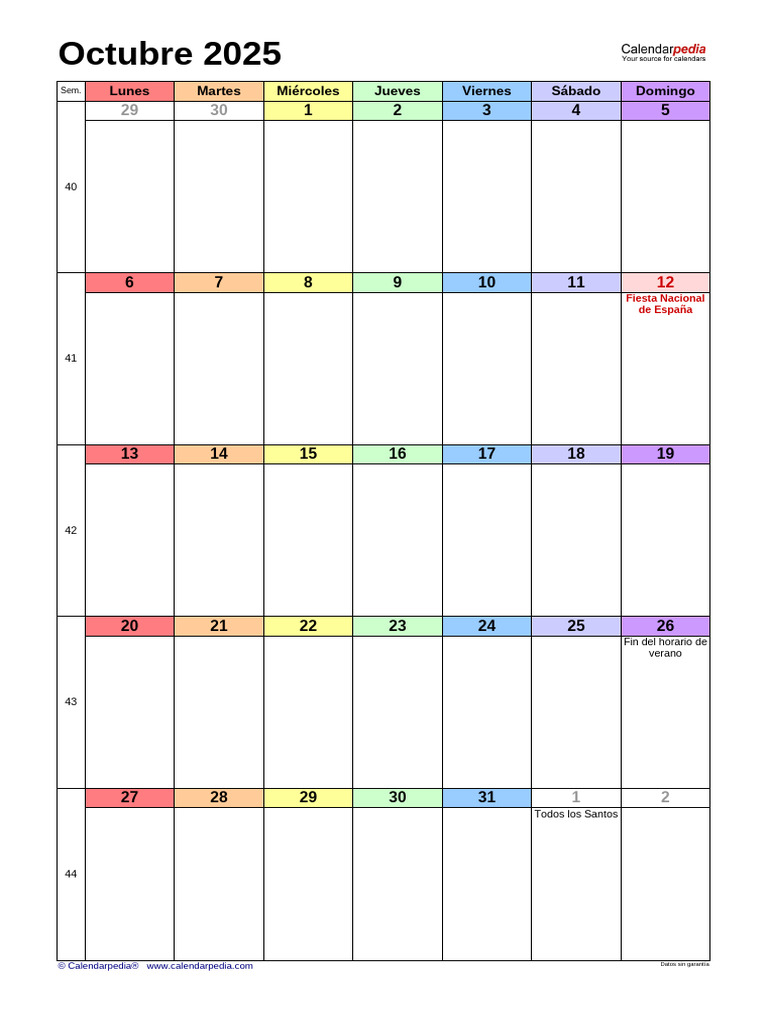 Calendario Octubre 2025 Espana Vertical PDF