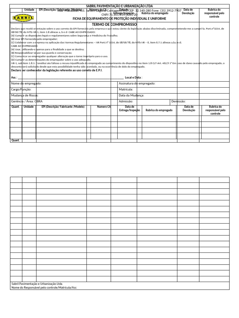 Ficha de EPI e Termo de Compromisso | PDF