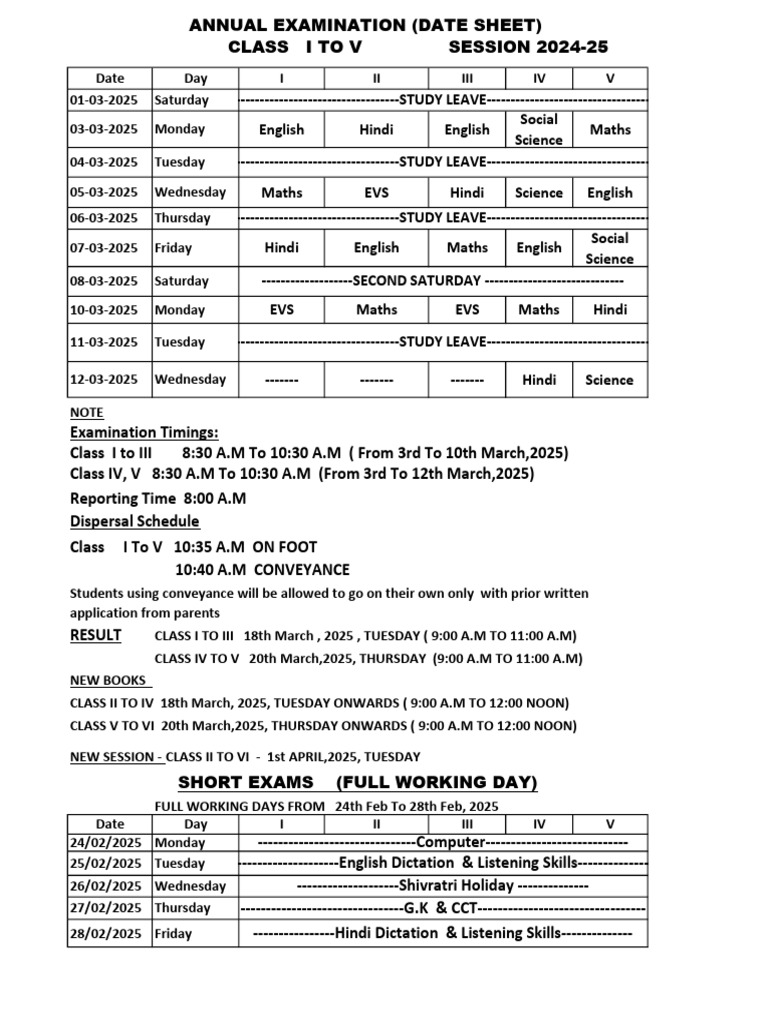 Annual Exam Date Sheet 2024-25: Classes I-V | PDF