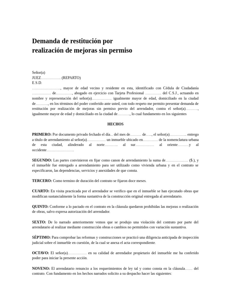 Demanda de Restitución Por Realización de Mejoras Sin Permiso | PDF ...