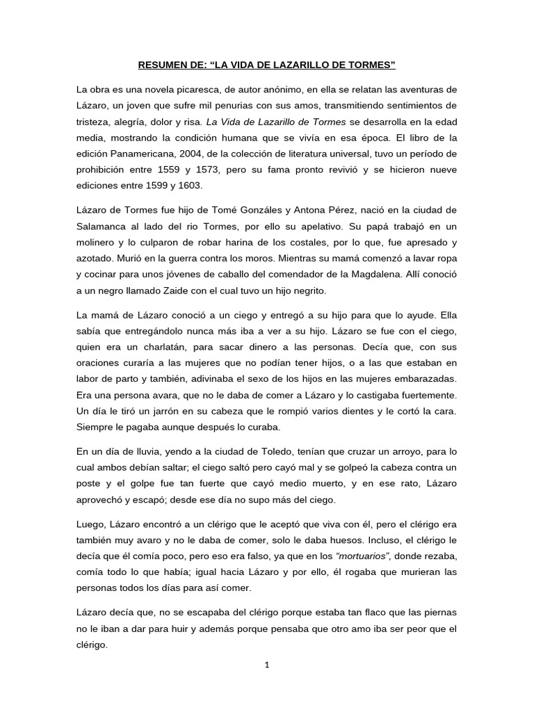 Resumen de Lazarillo de Tormes | PDF