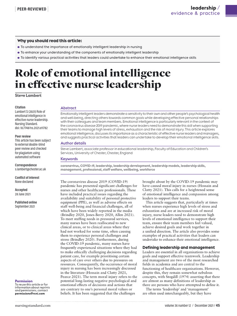 Emotional Intelligence in Nurse Leadership | PDF | Leadership ...