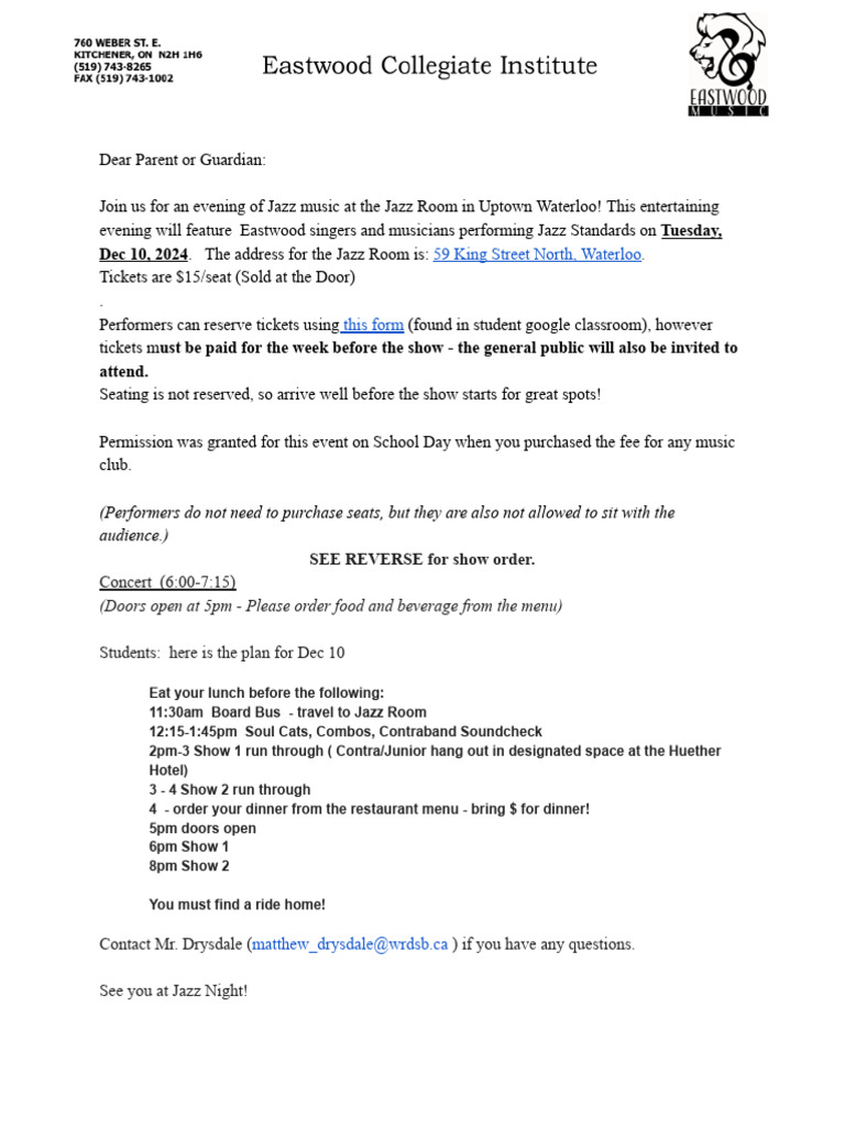 Jazz Room Concert Parents Letter | PDF