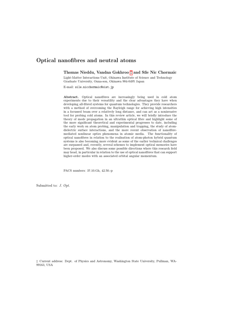 Optical Nanofibres in Cold Atom Research | PDF | Optics | Optical Fiber
