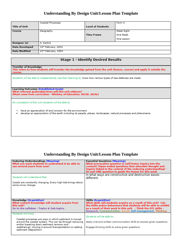 Coastal Processes Unit Plan for Geography | PDF | Teachers | Lesson Plan