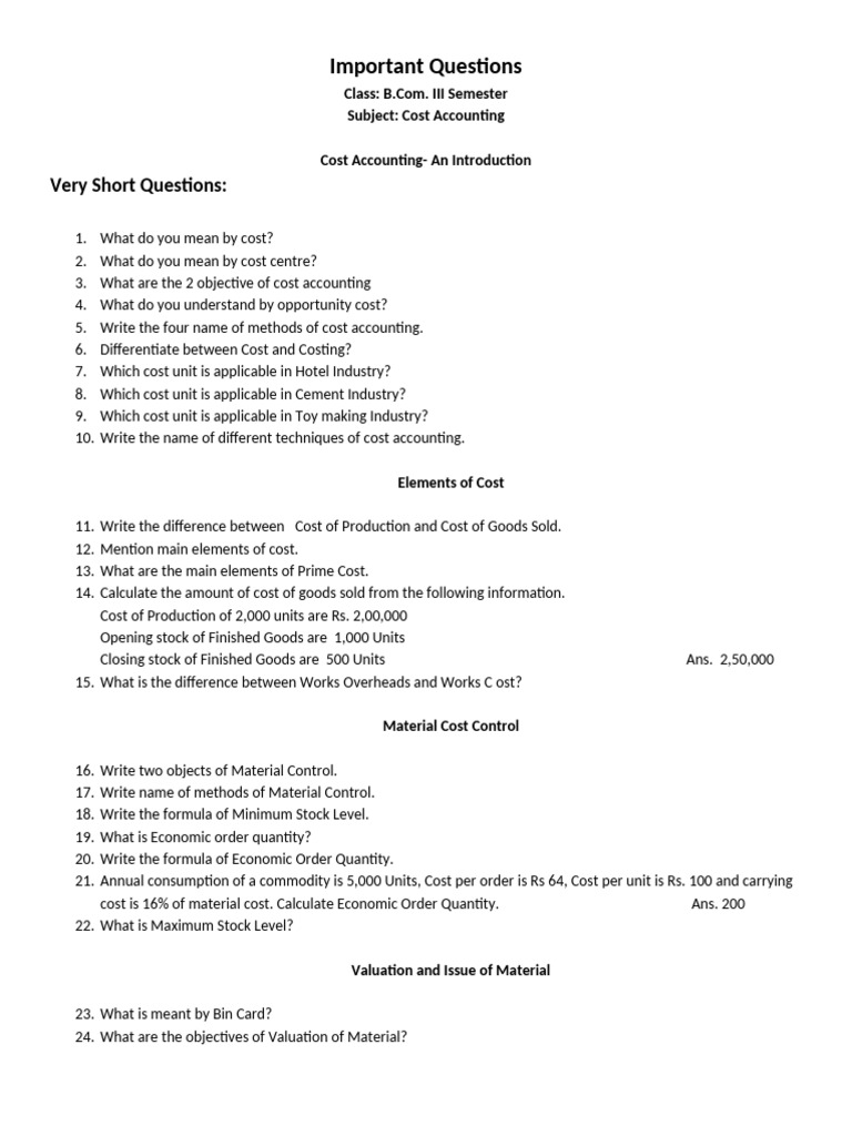 Cost Accounting Questions for B.Com. Students | PDF | Profit (Economics ...