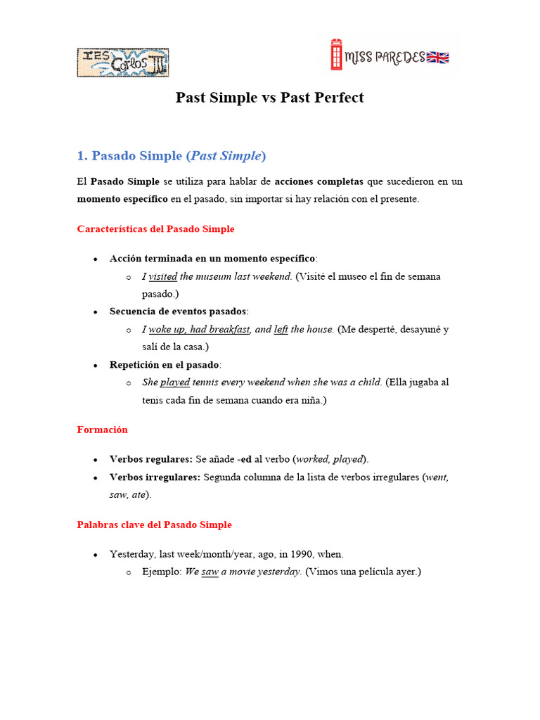 Past Simple and Past Perfect - Theory | PDF | Mecánica del lenguaje ...