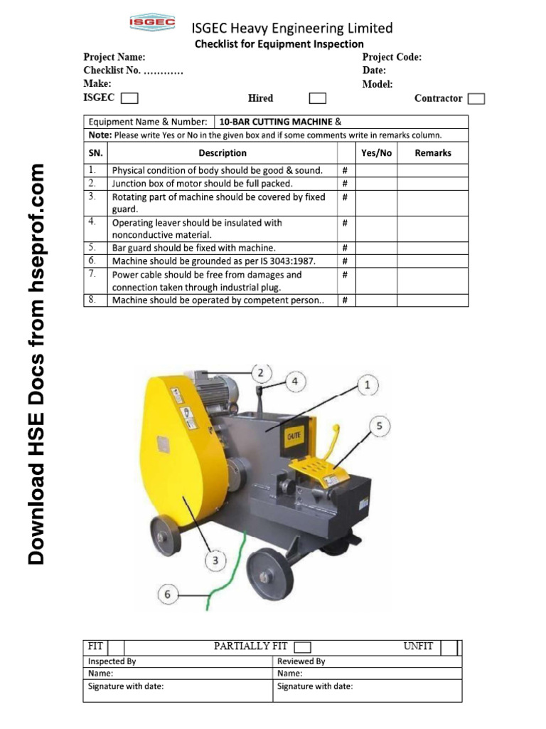 Inspection Checklist of Bar Cutting Machine | PDF