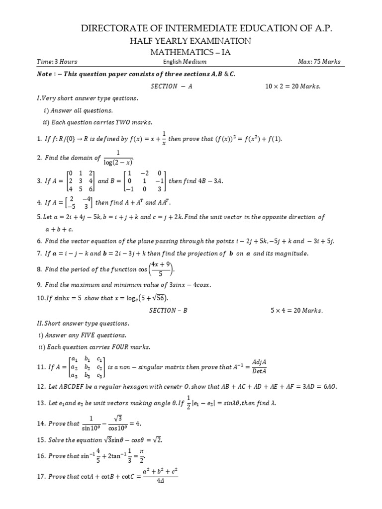 Half-Yearly Mathematics Exam Paper | PDF