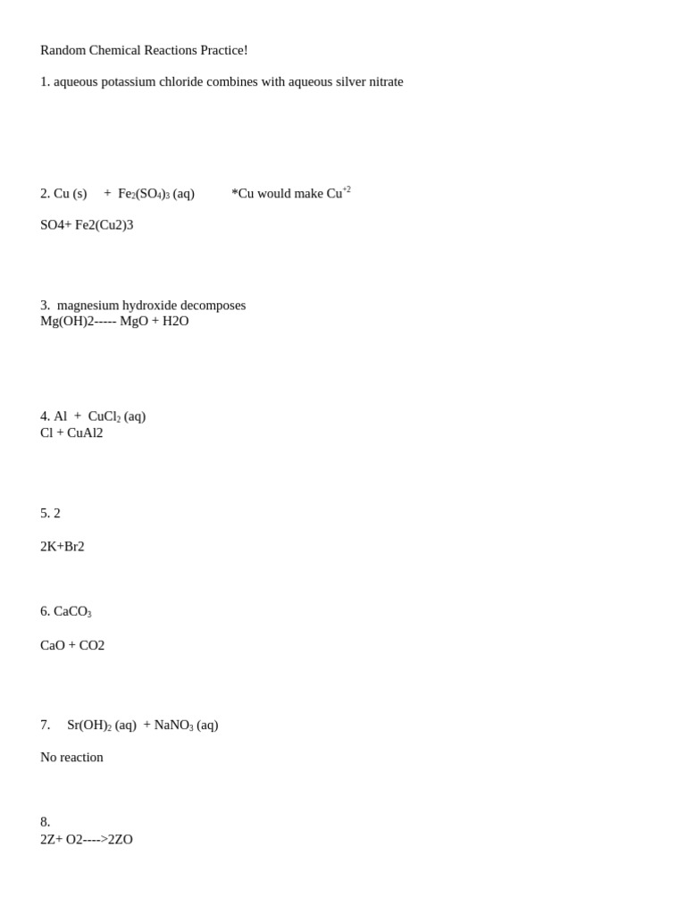 Chemical Reactions Practice Exercises | PDF