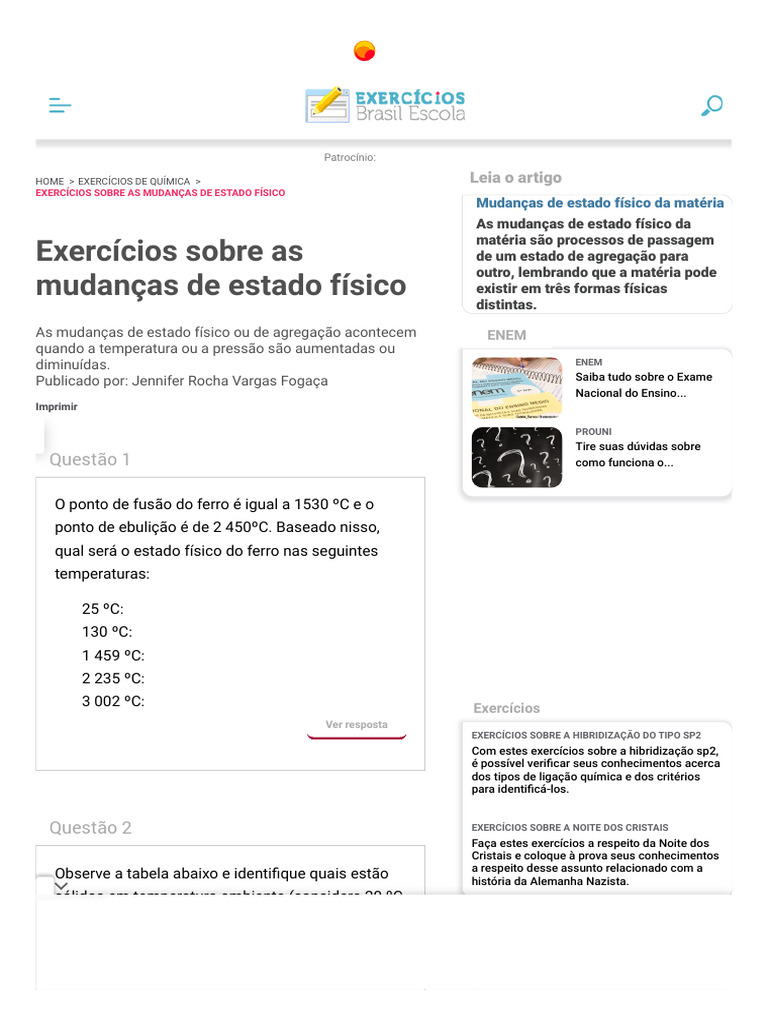 Lista de Exercícios Sobre As Mudanças de Estado Físico - Brasil | PDF ...