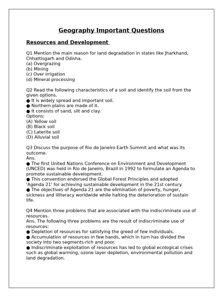 Key Geography Questions on Resources | PDF | Coal | Agriculture