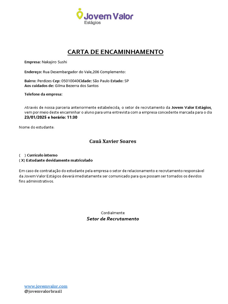 Carta de Encaminhamento Cauâ Xavier Soares | PDF