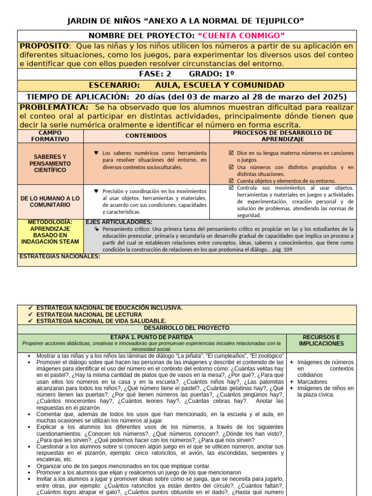 Proyecto "Cuenta Conmigo" en Jardín de Niños | PDF | Educación de la ...