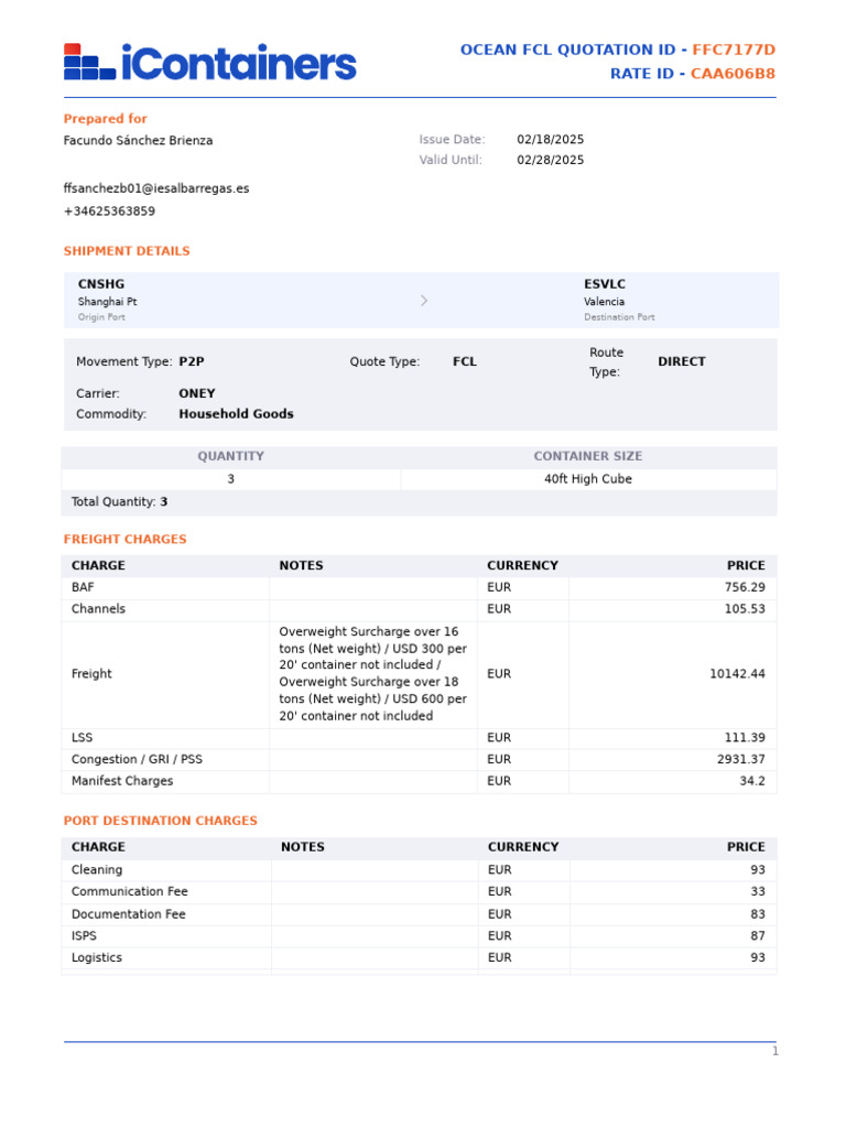 Ocean FCL Quotation for Shipment Costs | PDF | Cargo | Freight Transport