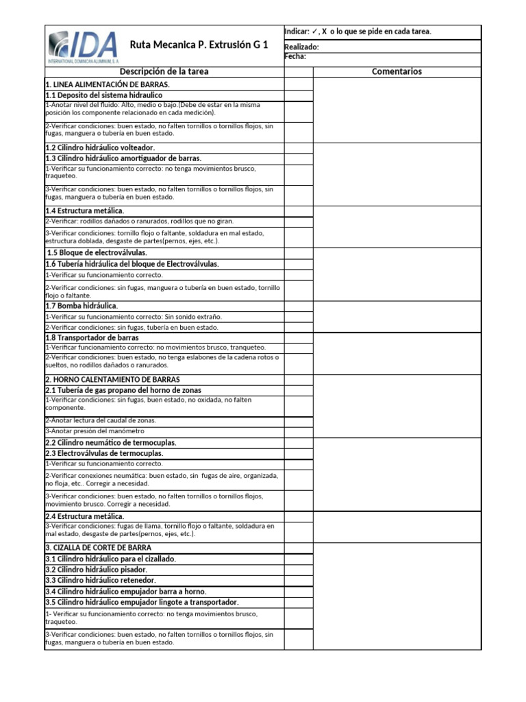 Ruta de Inspección MECANICA Prensa G2 | PDF | Tornillo | Extrusión