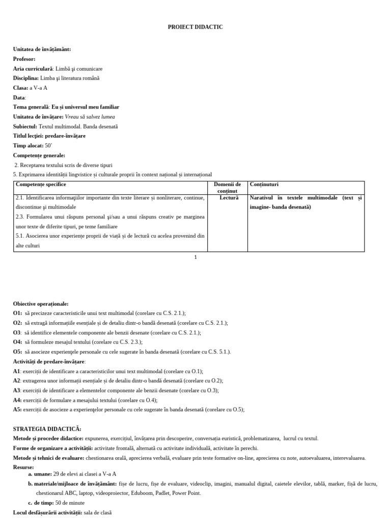 Proiect Didactic Textul Multimodal. Banda Desenata | PDF
