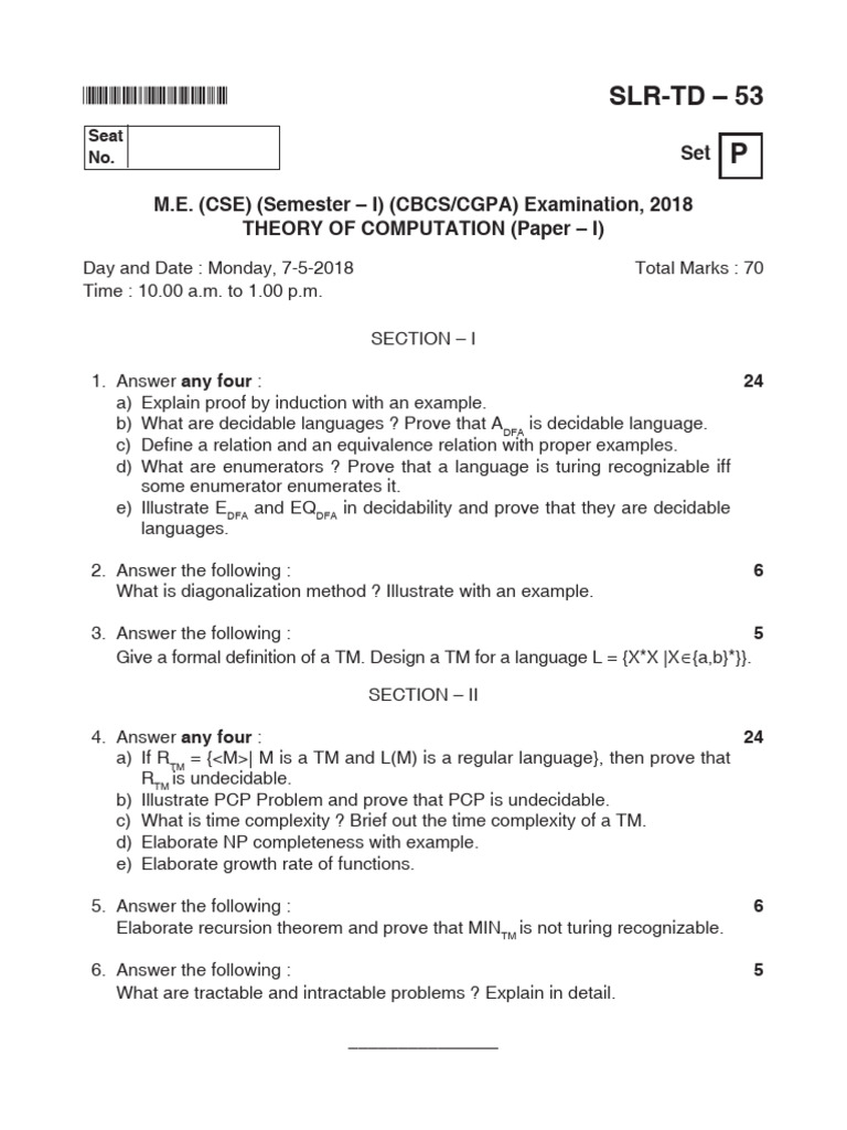 Theory of Computation Exam Paper 2018 | PDF | Data Warehouse ...
