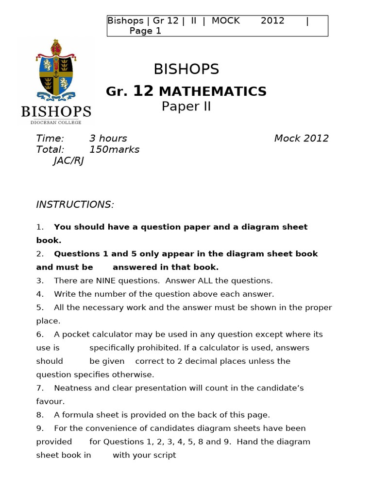 Grade 12 Math Mock Exam 2012 | PDF | Mathematics