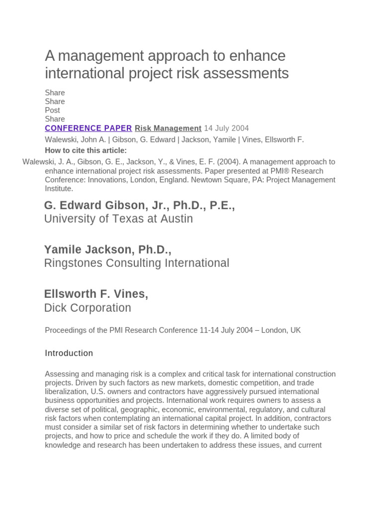 A Management Approach To Enhance International Project Risk Assessments ...