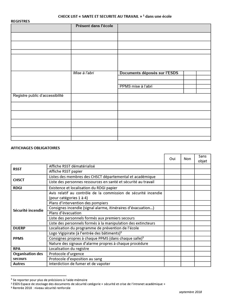 Check-list Sécurité École 2018 | PDF | Sécurité | Santé et sécurité au ...