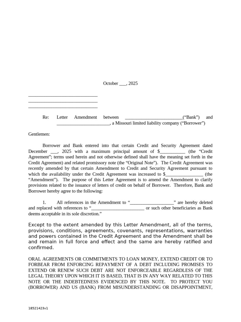 Letter Agreement Form (18521423.1) | PDF | Debtor | Credit