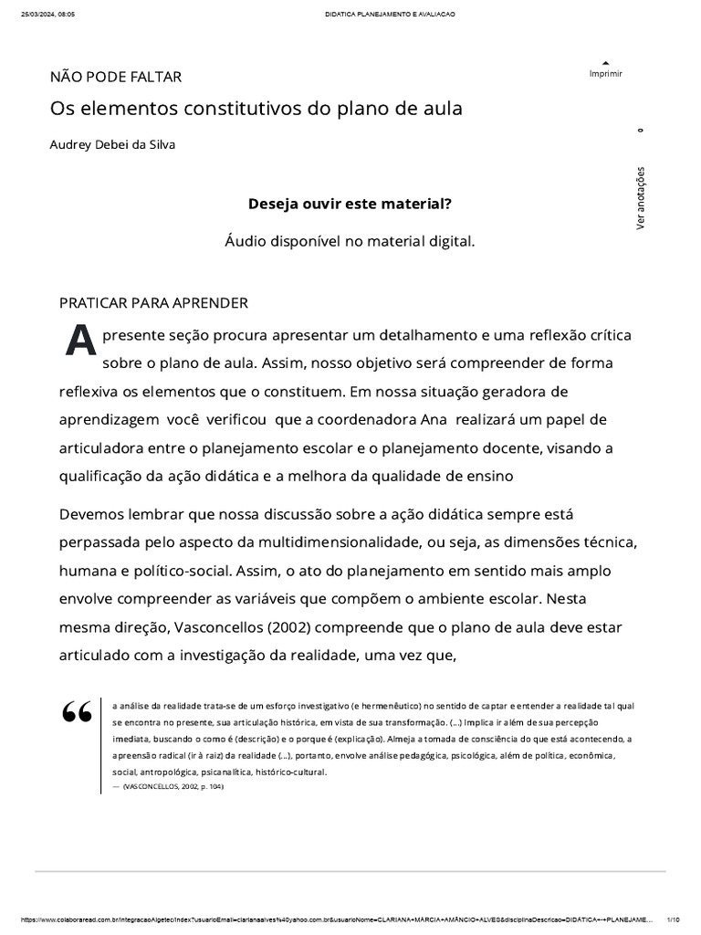 Elementos do Plano de Aula Didático | PDF | Aprendizado | Lição