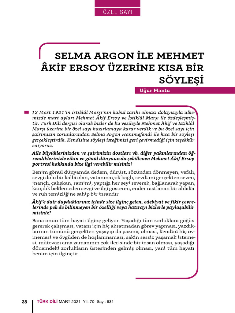Selma Argon Ile Mehmet Akif Ersoy Uzerin | PDF