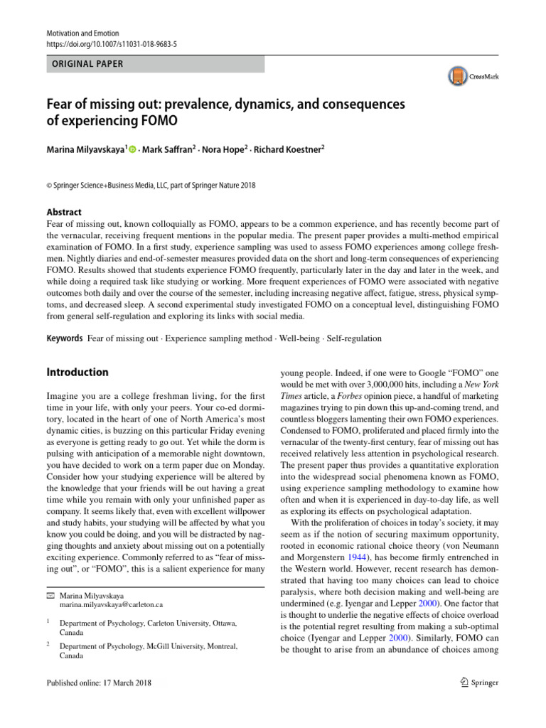 FOMO: Prevalence and Consequences | PDF | Affect (Psychology ...