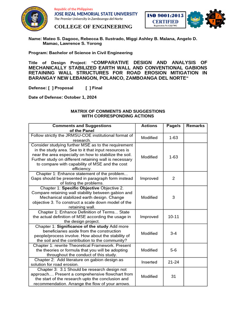 Matrix of Revison Msewall | PDF