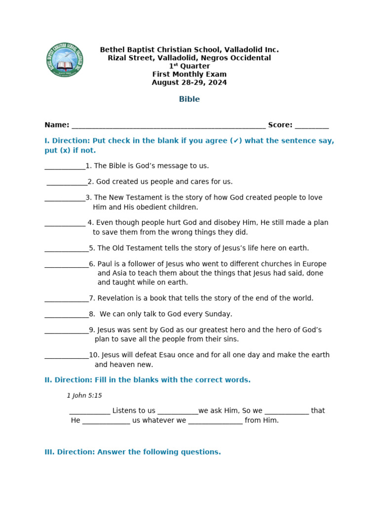 Bethel Baptist School 1st Quarter Exam | PDF