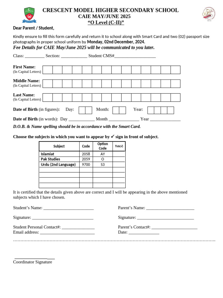 O Level Registration Form for CAIE 2025 | PDF