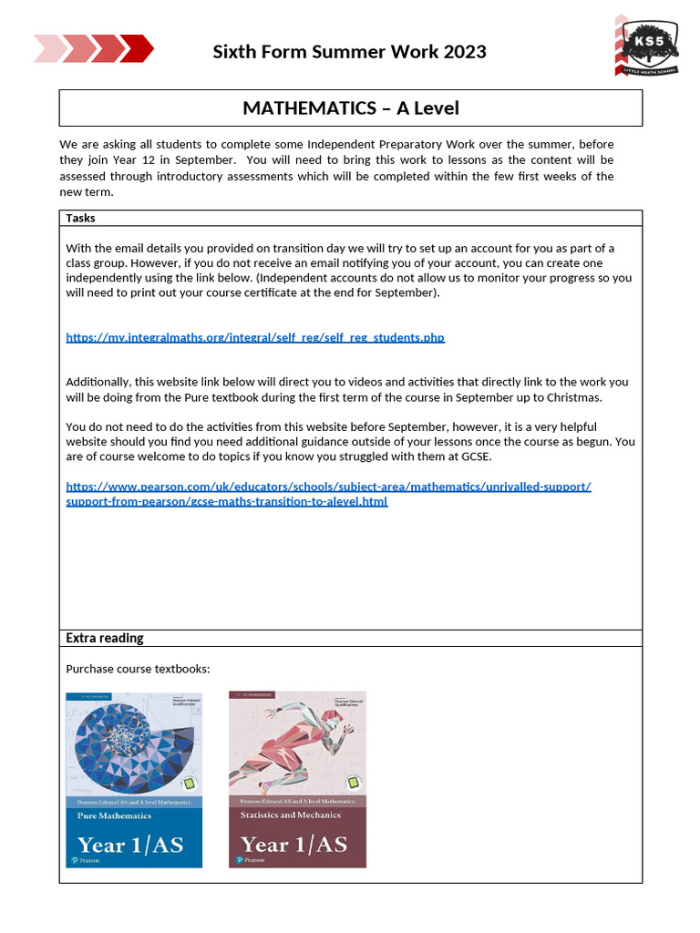 A Level Maths Summer Prep 2023 | PDF