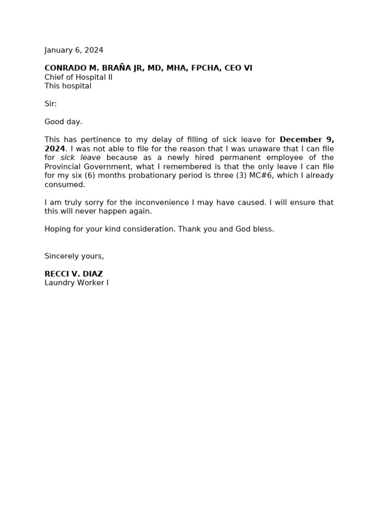 Sick Leave Request Explanation Letter | PDF