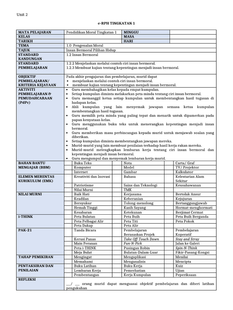 e-RPH TINGKATAN 1 Unit 2 | PDF
