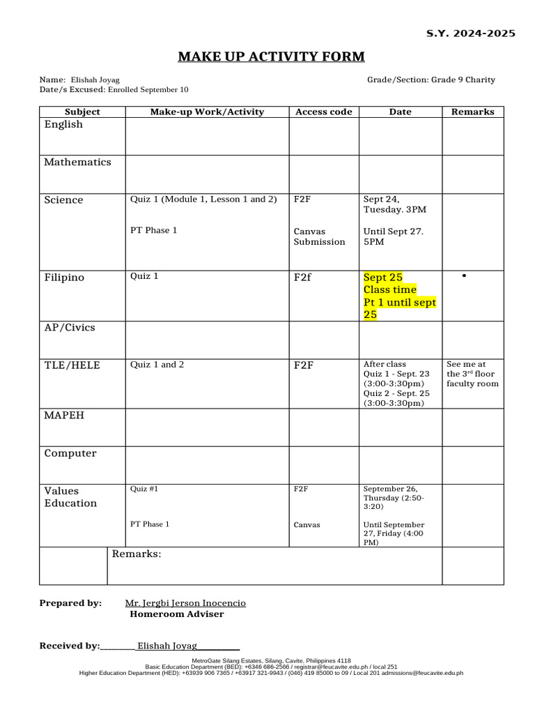 Grade 9 Make-Up Activity Form | PDF