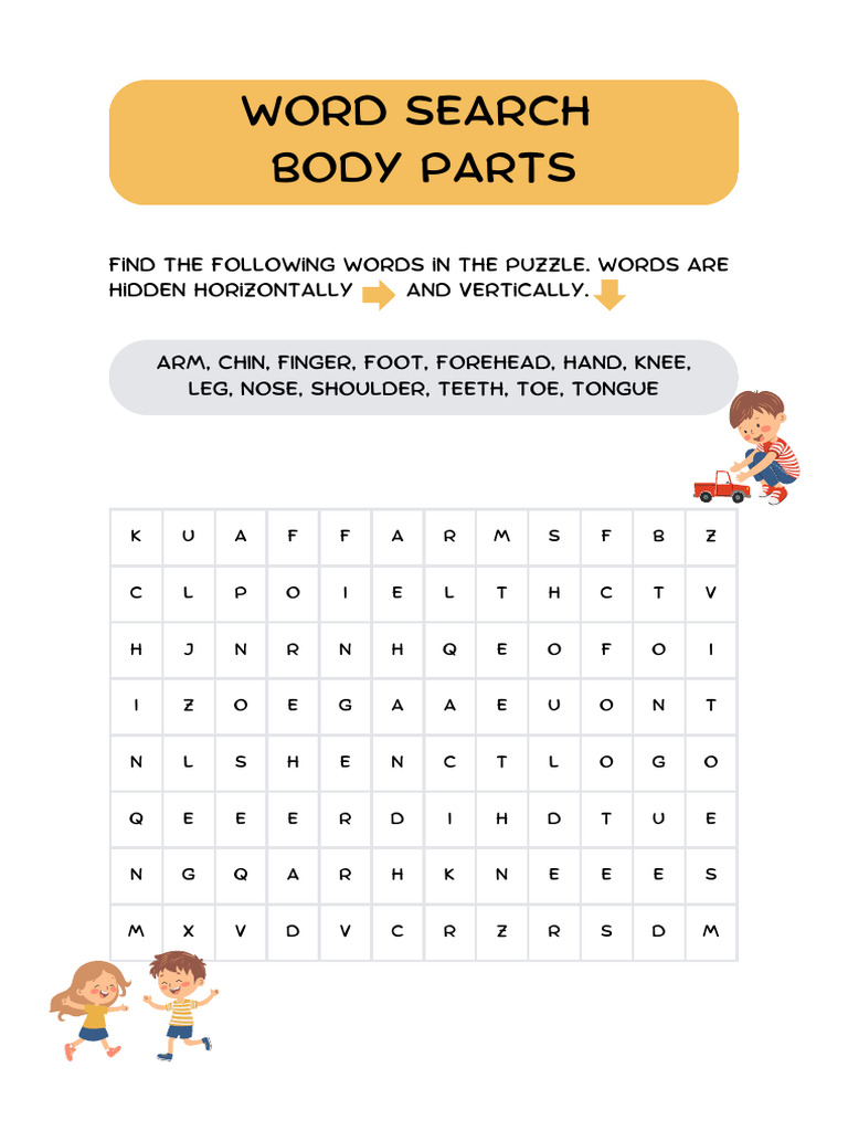 English Body Parts Word Search Worksheet in Yellow Cartoon Style | PDF