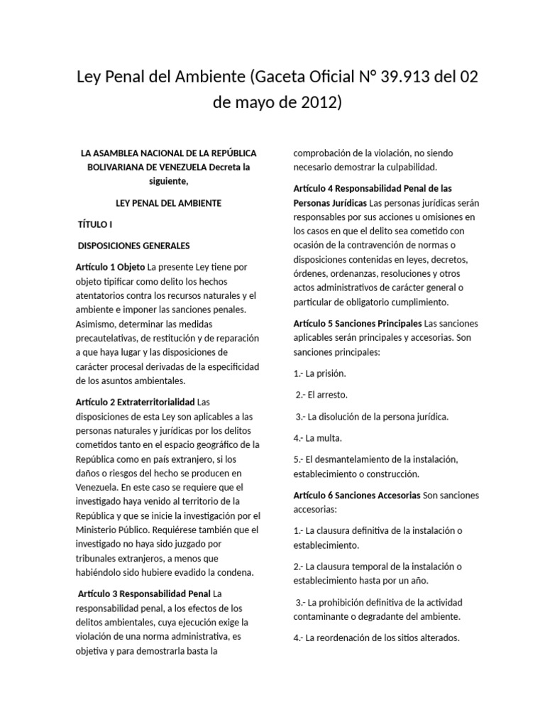 Ley Penal del Ambiente en Venezuela | PDF | Castigos | Derecho penal