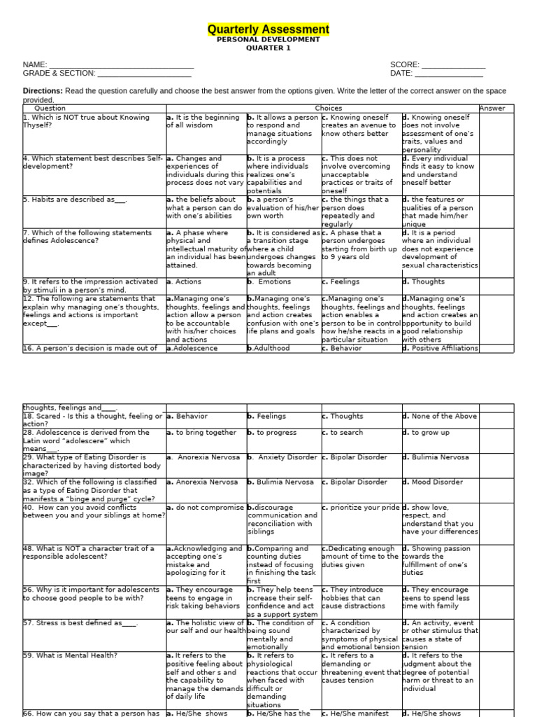 Q1 Personal Development Assessment | PDF | Bulimia Nervosa | Emotions