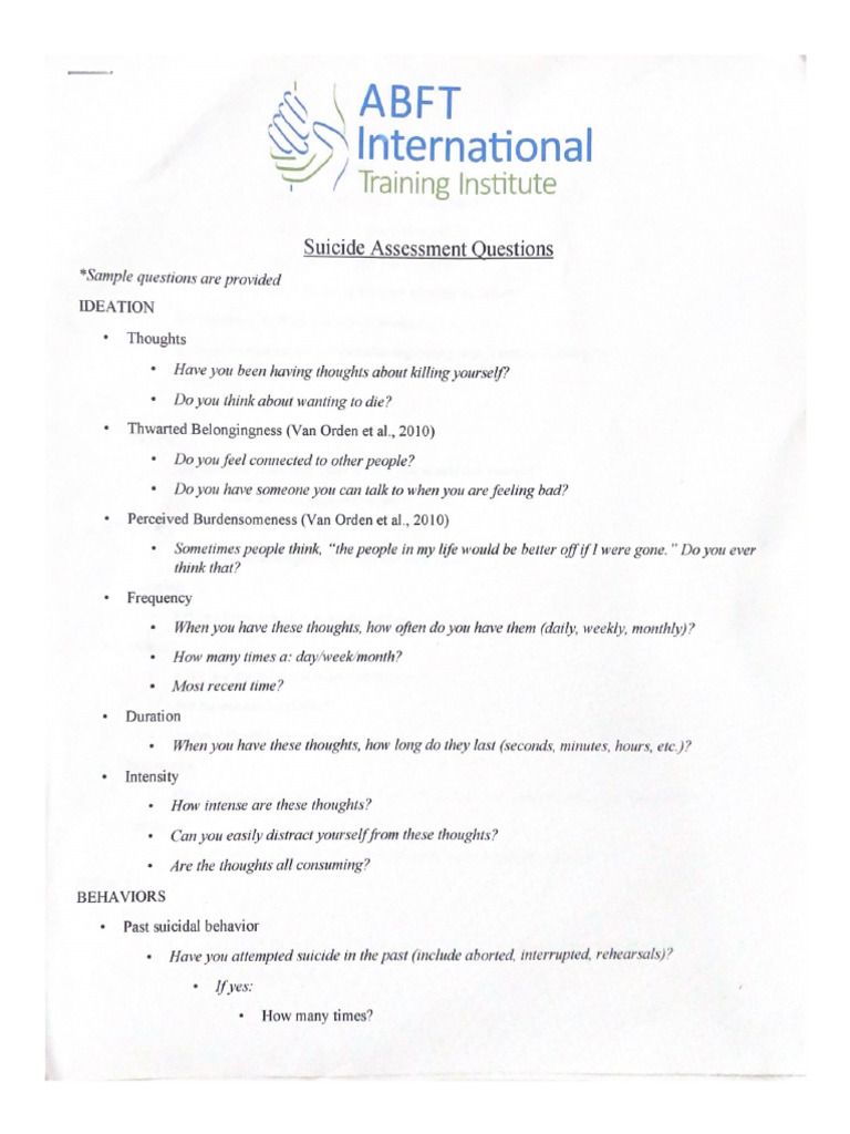 Suicide Assessment Questions | PDF