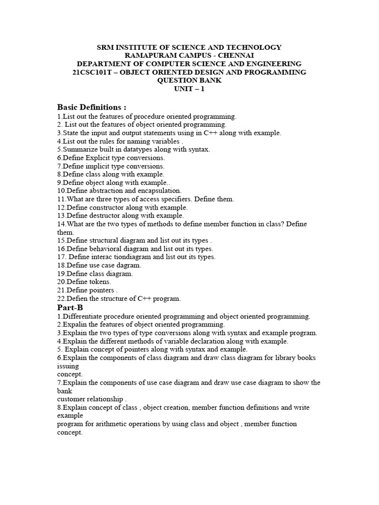 OODP_UNIT1_QB | PDF | Class (Computer Programming) | Data Type