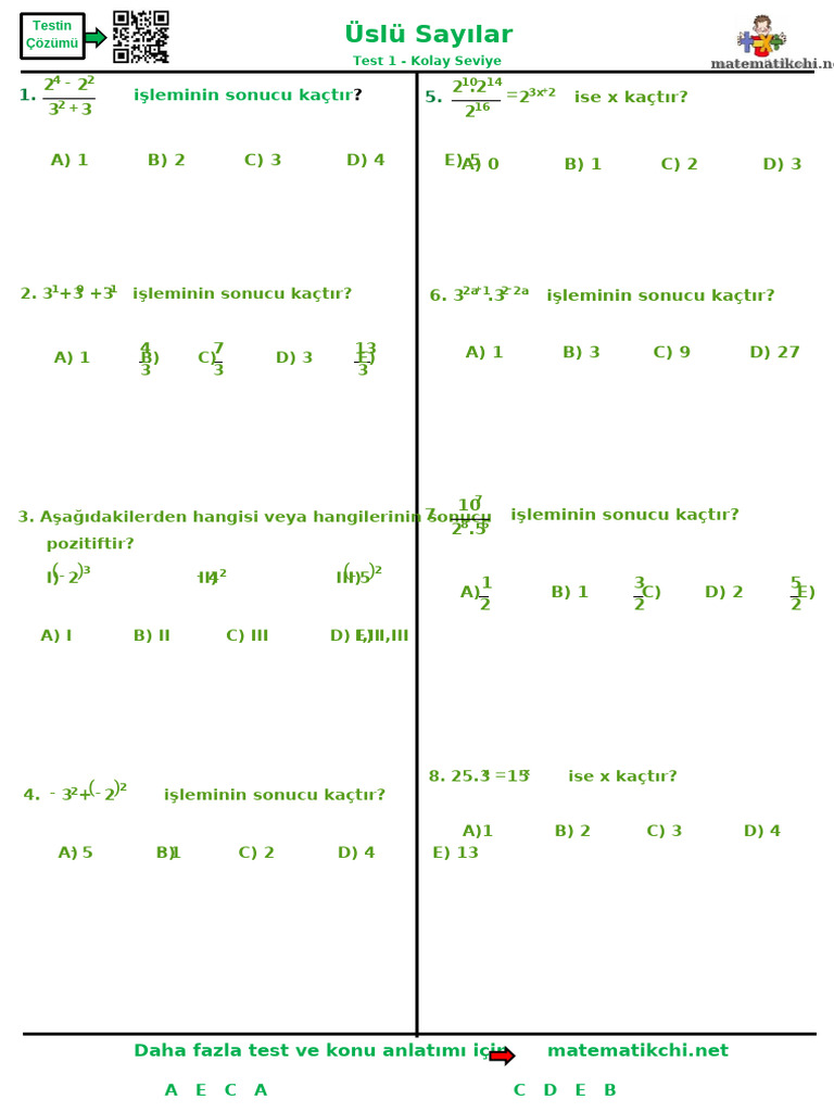 Üslü Sayılar Test 1 K | PDF