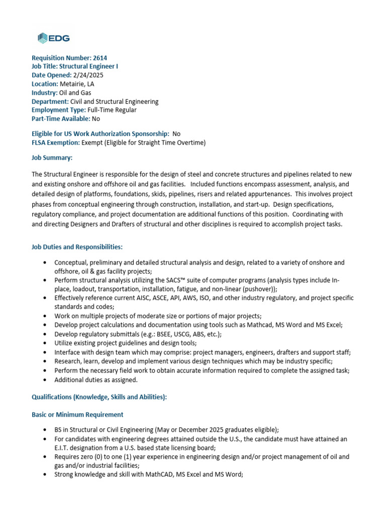 2614 Structural Engineer I | PDF | Drug Test | Employment
